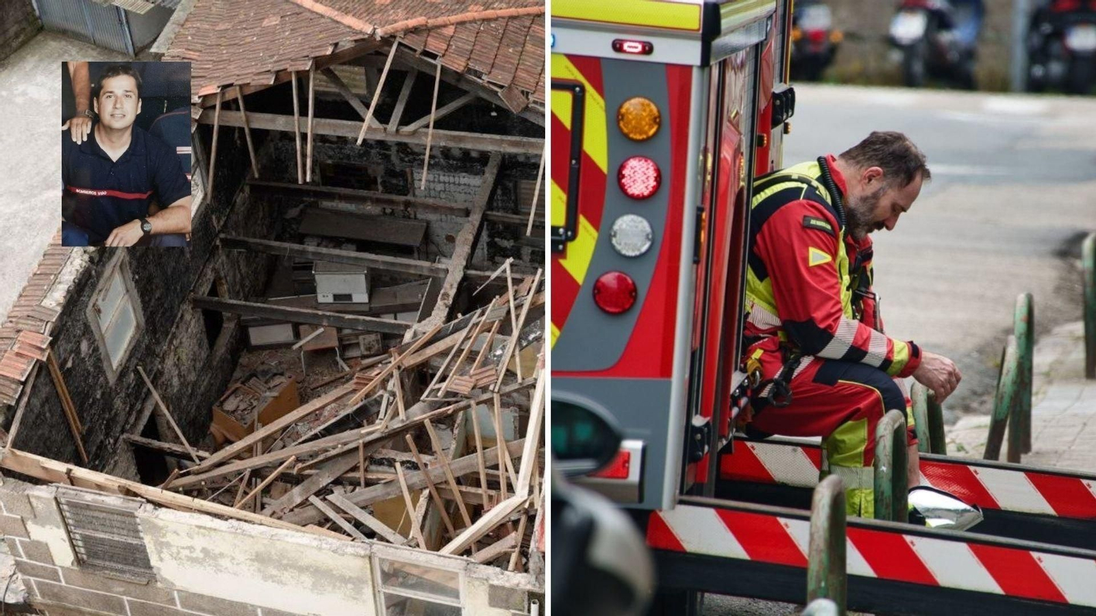 Los restos del muro del derrumbe que costaron la vida a Sergio Sanlés (arriba). A la derecha, un bombero abatido tras la tragedia.