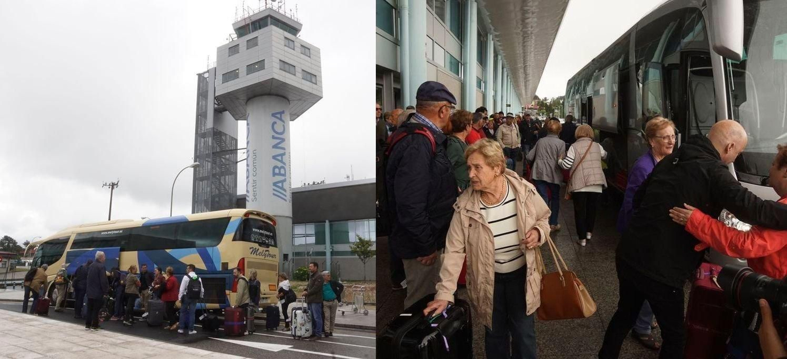 Autobuses a la entrada de Peinador, recogiendo y dejando pasajeros que tuvieron que pasar finalmente por Lavacolla