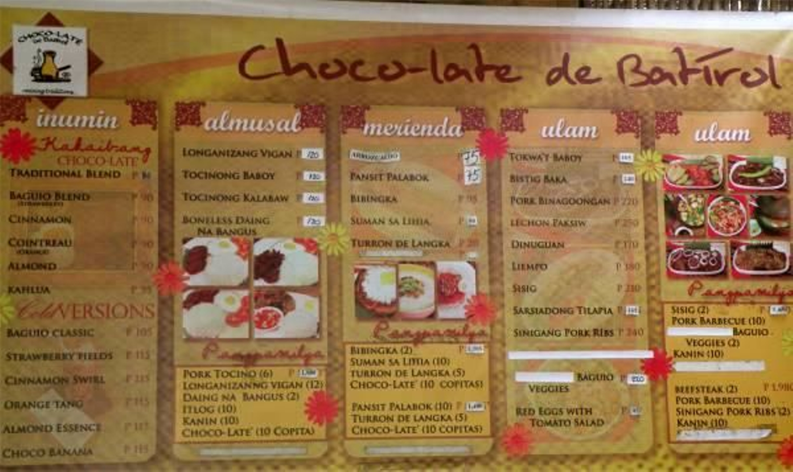 Cartel de precios de la empresa Choco-Late de Batirol.