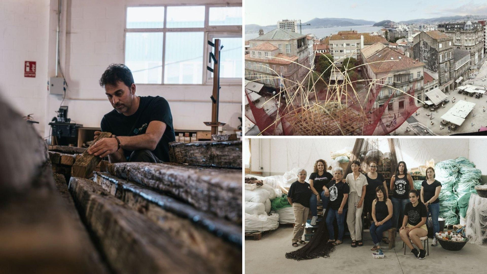 La diseñadora Amalia Puga trabaja con las rederas Atalaia de A Guarda. Se encargarán de los pétalos que envuelven la batea. Mientras el artesano Fran Millán, con su proyecto Frouma, reutiliza las vigas de eucalipto de las bateas. Será el encargado de montar la estructura con madera del aserradero Hijos de Vicente Suárez.