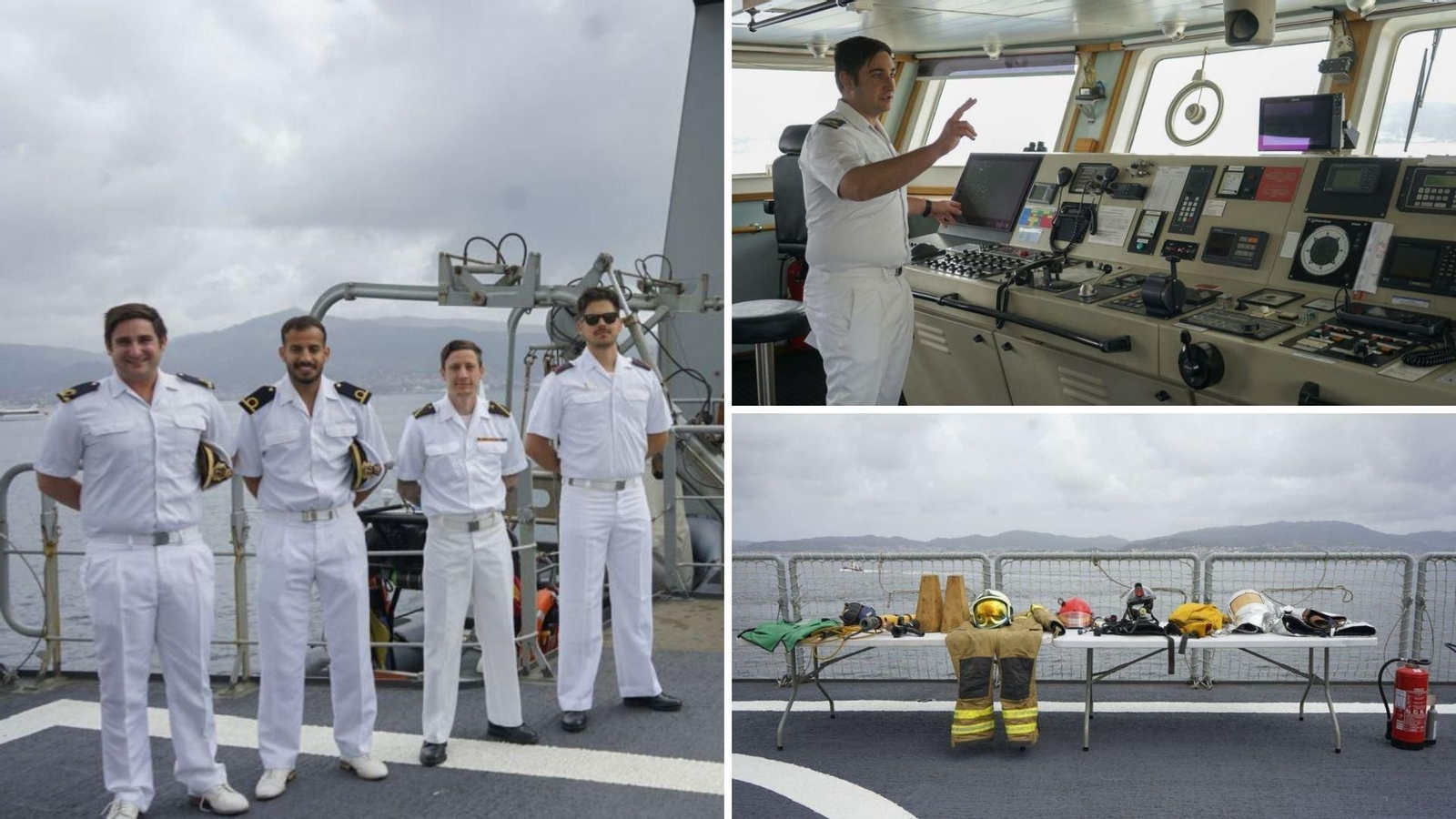 En la foto de la izquierda, el alférez de navío Álvaro María Zumalacárregui, el alférez de fragata Mohamed Almaleh, el cabo primero Iván García y el marinero Yorman Gabriel Mondaca. A la derecha, el puente de gobierno y el material antiincendios.