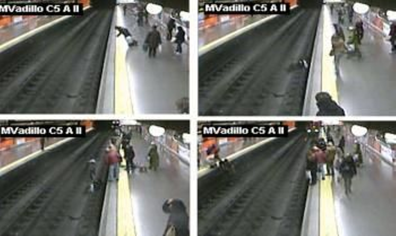 Fotografía capturada de televisión que muestra la secuencia en la que un policía nacional ha evitado hoy que el metro arrollara a una mujer que, tras sufrir un desmayo, cayó a la vía en la estación madrileña de Marqués de Vadillo (Foto: EFE)