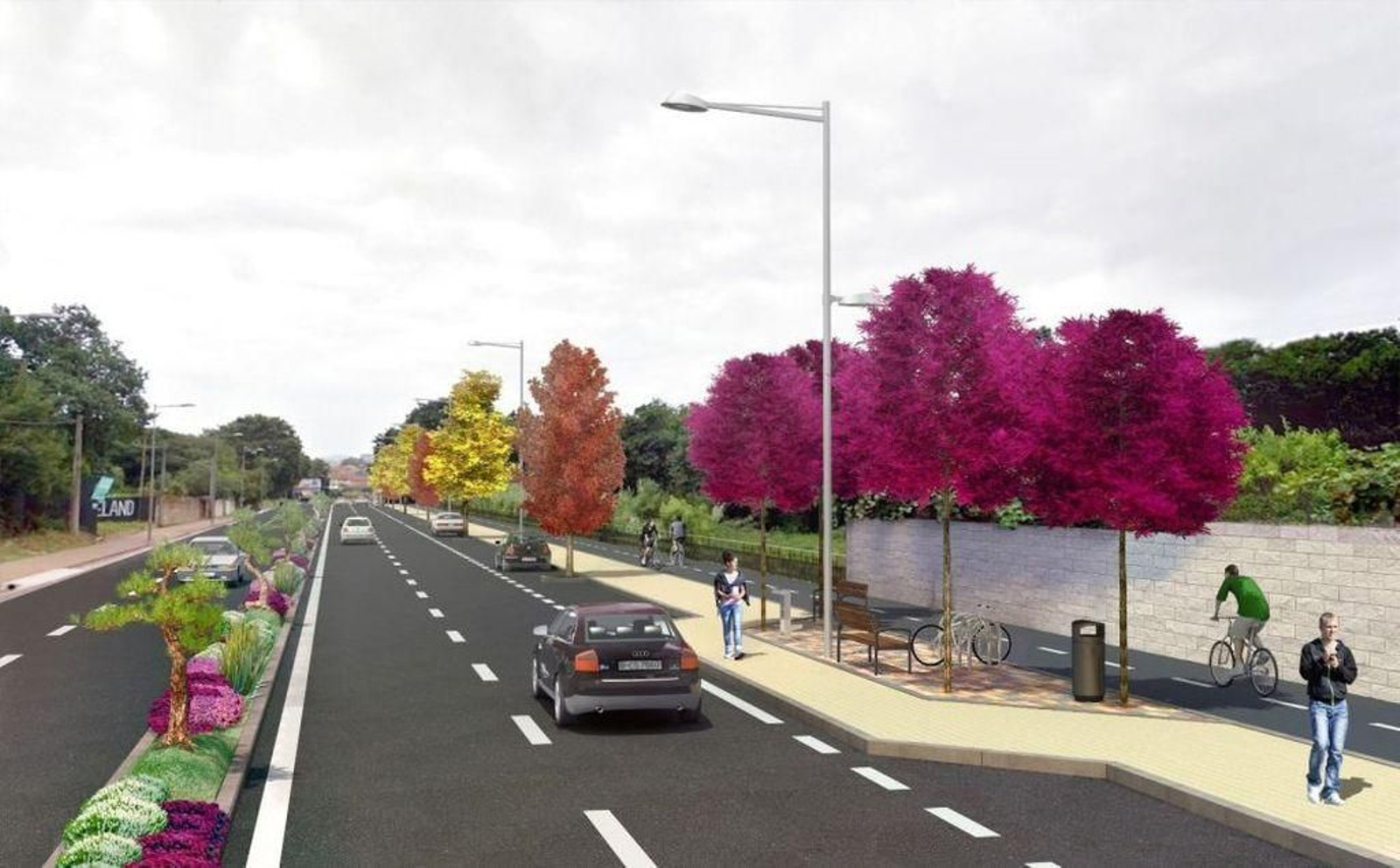 Infografía de cómo quedará la Avenida de Europa desde Samil hasta Tomás Paredes, con la amplia zona peatonal y de bicis.