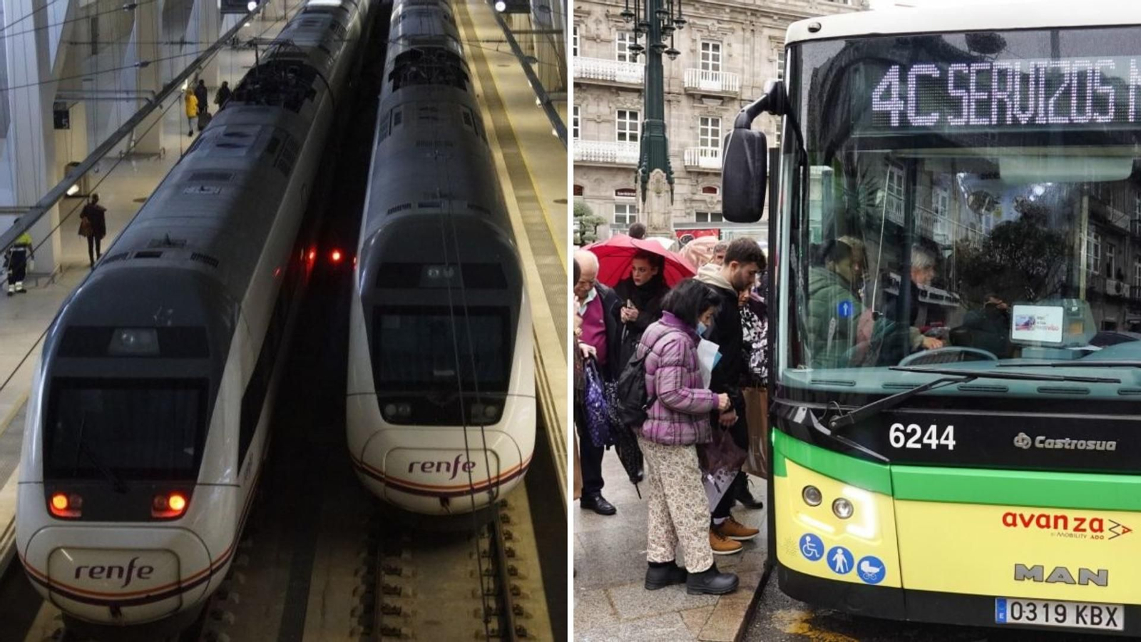 Trenes y un autobús de Vitrasa.