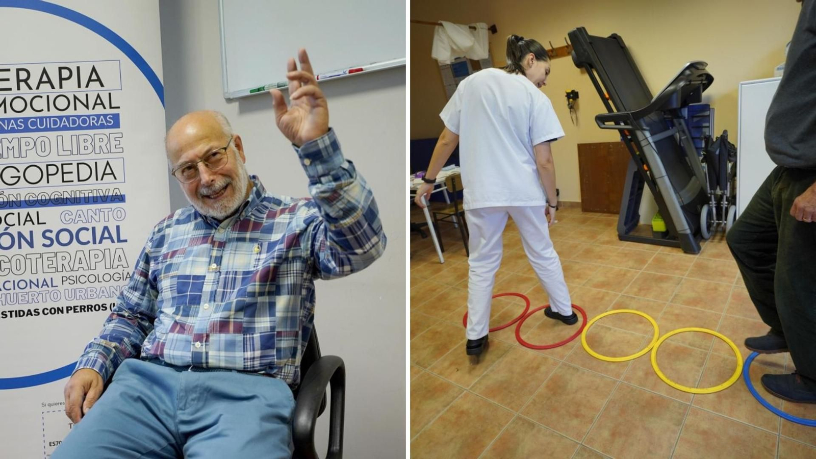 Pedro Fernández, usuario y a la vez directivo, en la sede de la asociación. A la derecha, una profesional de la entidad.