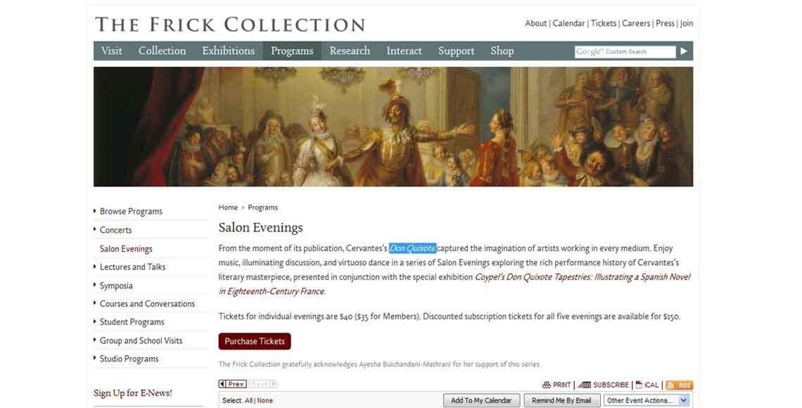 Página web de la Frick Collection para recibir información y sacarse entradas para los espectáculos de El Quijote.