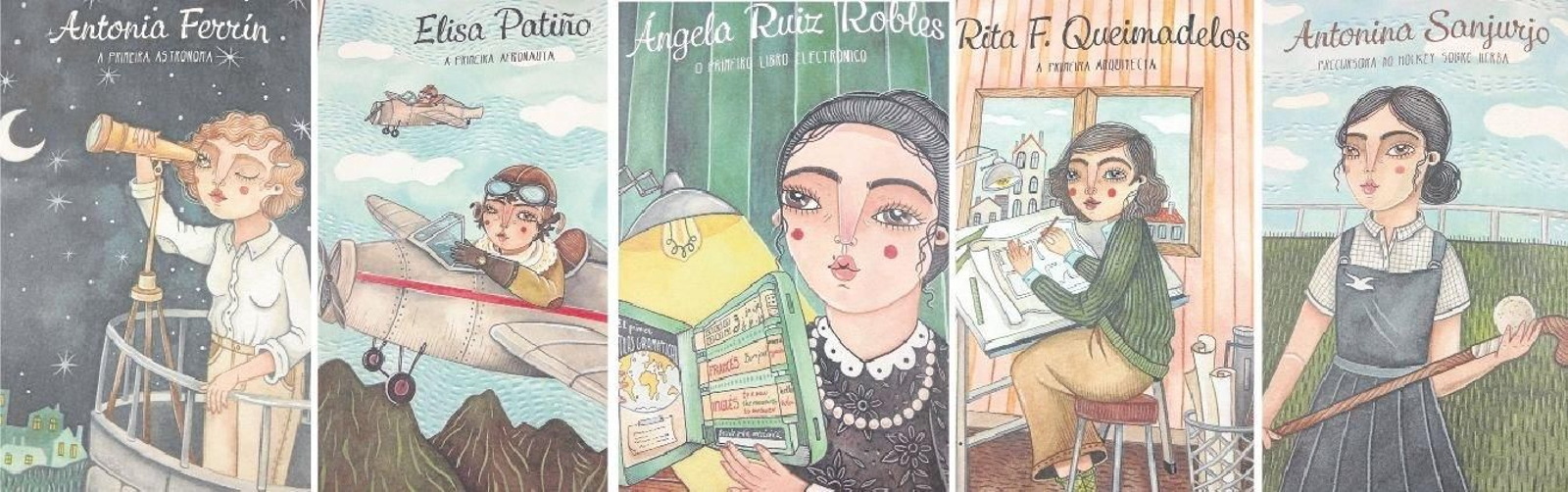 Abi Castillo puxo rostros a once mulleres que desenvolveron a súa función entre o XIX e o XX. Arriba, Antonia Ferrín, Elisa Patiño, Ángela Ruiz Robles, Rita Queimadelos e Antonina Sanjurjo