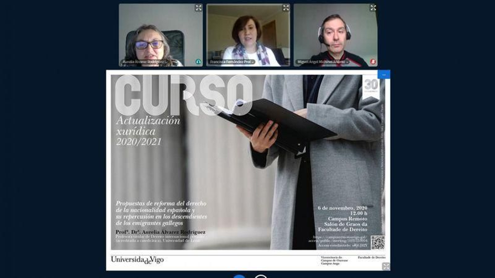 Aurelia Álvarez, Francisca Fernández y Miguel Ángel Michinel durante la actividad en el Campus Remoto.