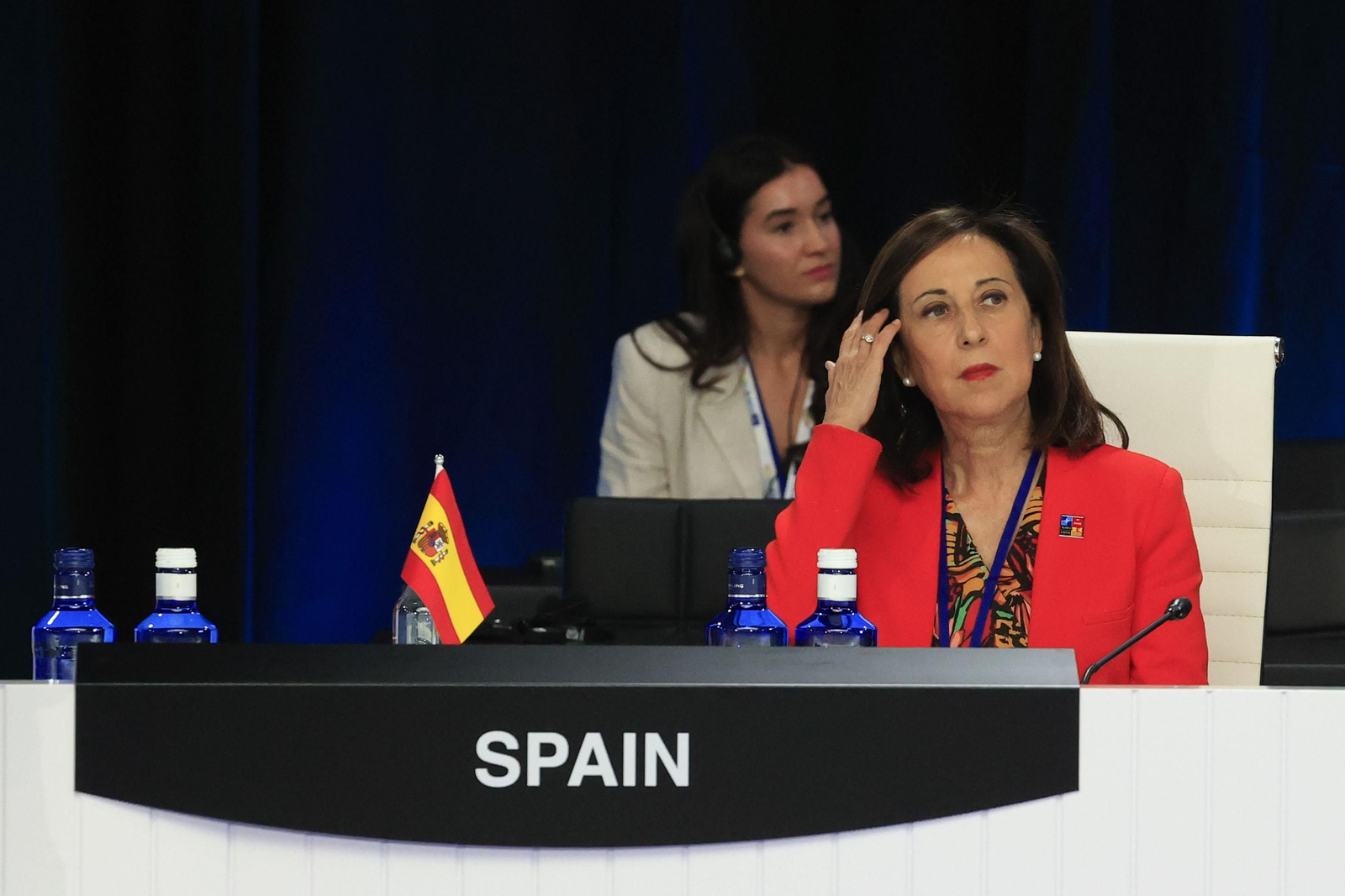 La ministra española de Defensa, Margarita Robles, durante la reunión mujeres ministras de Exteriores y Defensa dentro de la primera jornada de la cumbre de la OTAN que se celebra este miércoles en el recinto de Ifema, en Madrid. EFE/ZIPI ARAGON
