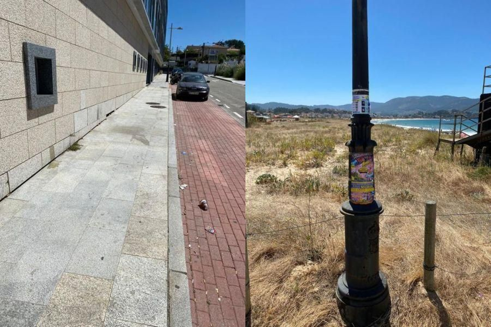 Suciedad en las aceras y basura tirada por el suelo en camiño do Apeadero. Derecha, una de las farolas que últimamente se utiliza como soporte improvisado de cartelería publicitaria