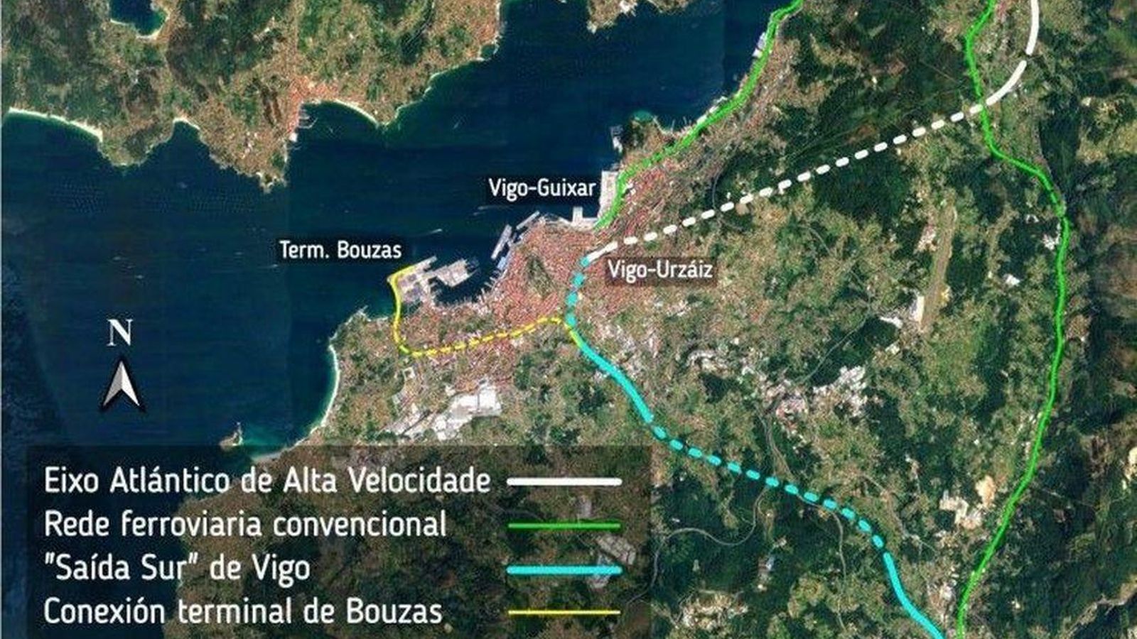 Propuesta de la salida sur ferroviaria, que haría la estación pasante hacia Porriño, con vial a Bouzas.