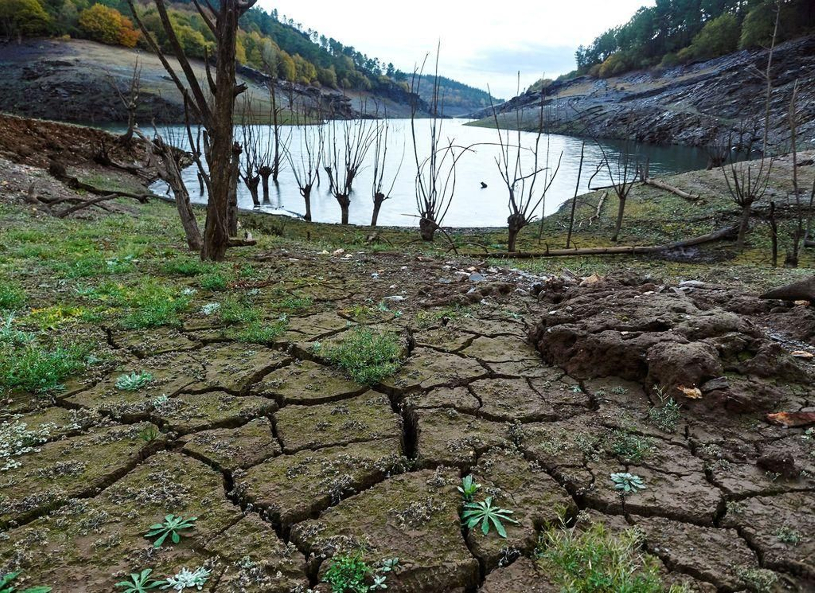 Vista del embalse de Vilasouto, en O Incio, durante la sequía de 2017