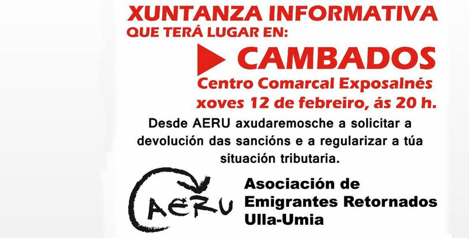 Cartel de la convocatoria de AERU para la charla de Cambados.