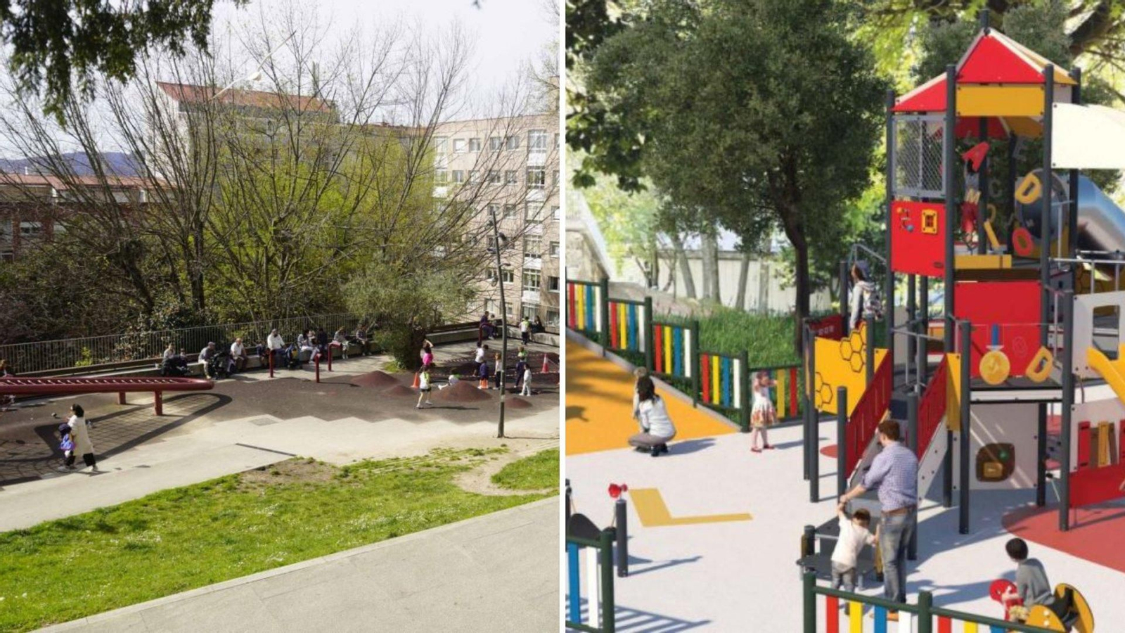 A la izquierda, el parque Camilo José Cela ayer, y a la derecha una infografía de los juegos y tobogán que se instalarán.