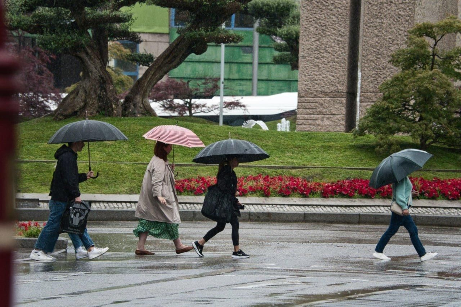 Varias personas pasean por Vigo bajo la lluvia con el paraguas. // Vicente Alonso
