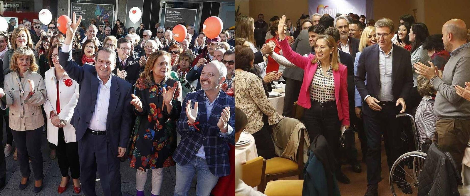 Caballero, con los candidatos del PSOE, y Feijóo, con los del PP, en los actos de cierre de la campaña electoral ayer en Vigo