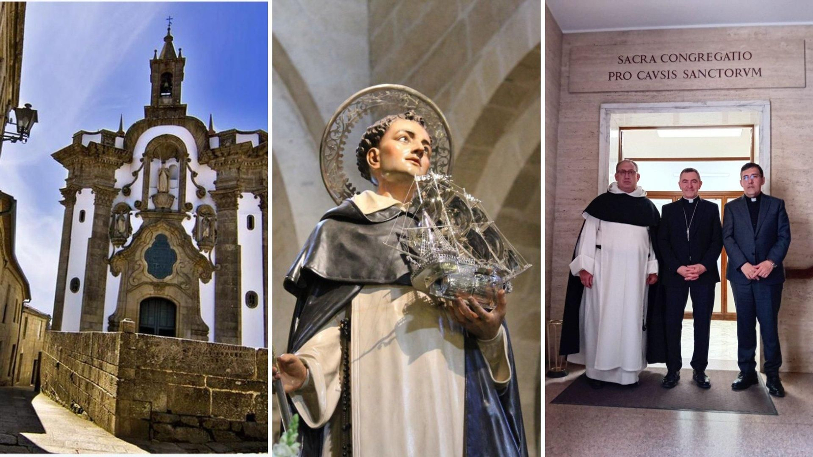 El sacerdote vigués Guillermo Juan Morado participó en la expedición a Roma para pedir la canonización del beato San Telmo, patrón de la diócesis y de los marineros. En la foto, con el obispo de Palencia y el prior de San Pablo de Palencia. A la izquierda, la capilla de San Temo, en el lugar donde falleció en Tui.