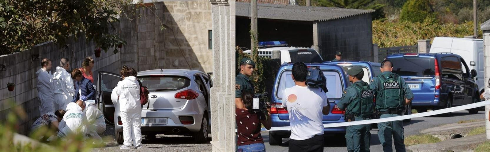Vista de la zona precintada por el triple crimen cometido en la mañana de este lunes en la parroquia de Cordeiro de Valga