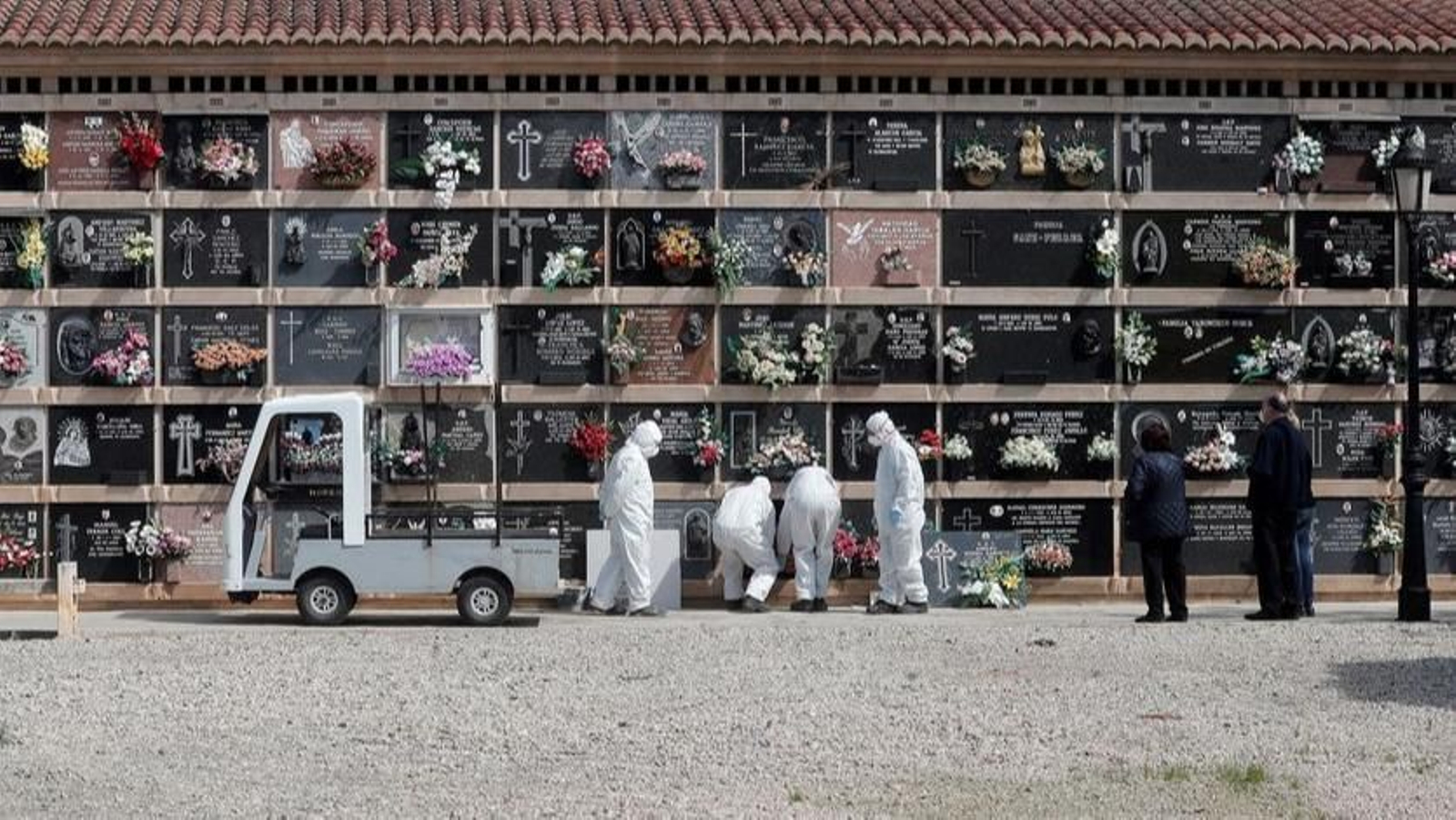 Entierro de una persona afectada por coronavirus en un cementerio, con solo tres familiares.