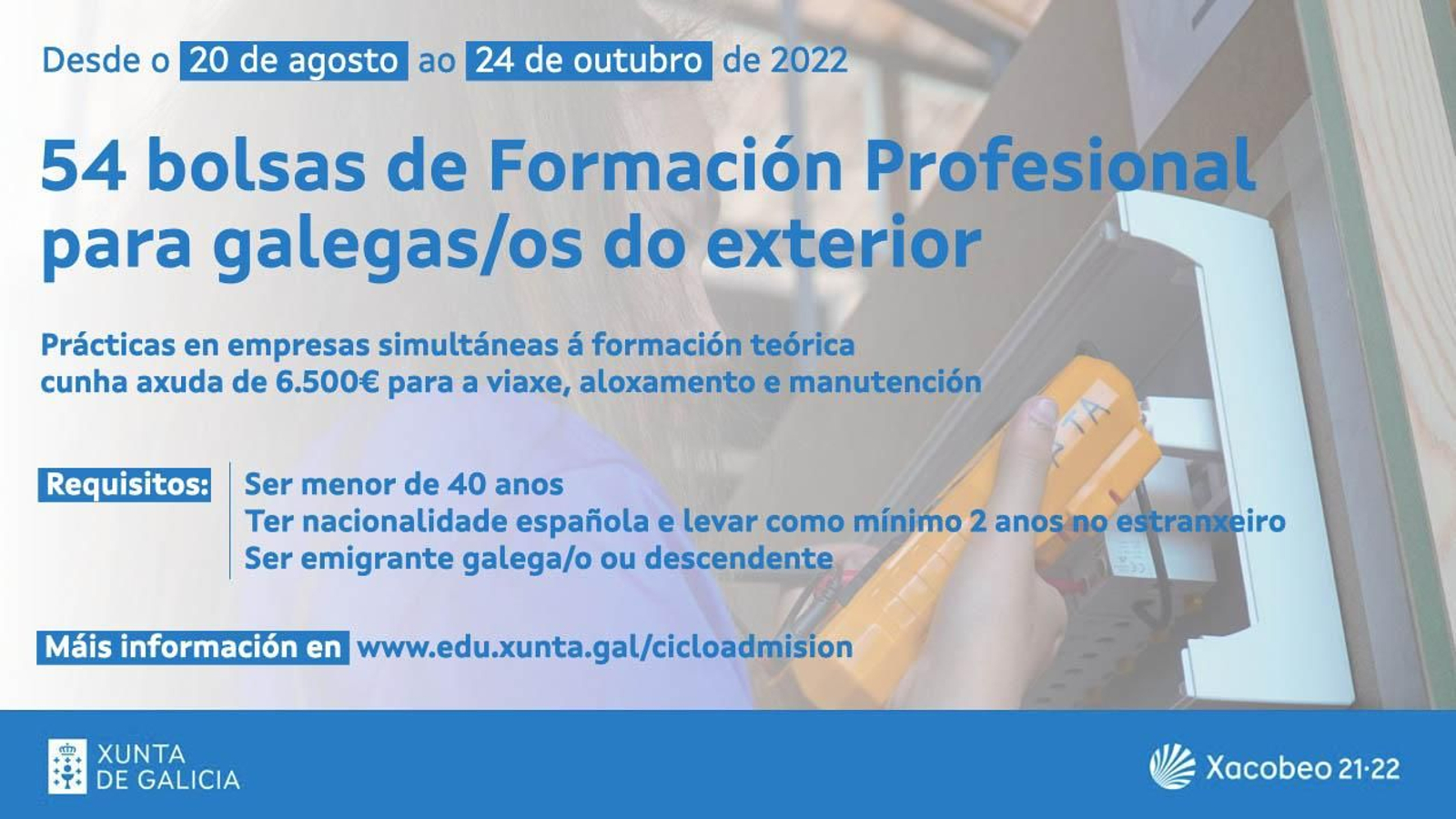 Emigración recuerda que está abierto el plazo para solicitar las becas para retornar a Galicia y cursar la FP de nivel básico