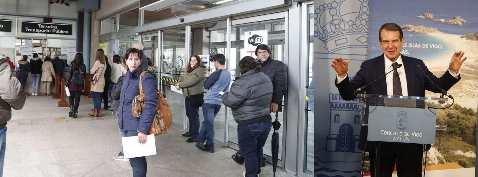 Largas colas ayer en el Concello para pedir la PassVigo. A la derecha Abel Caballero