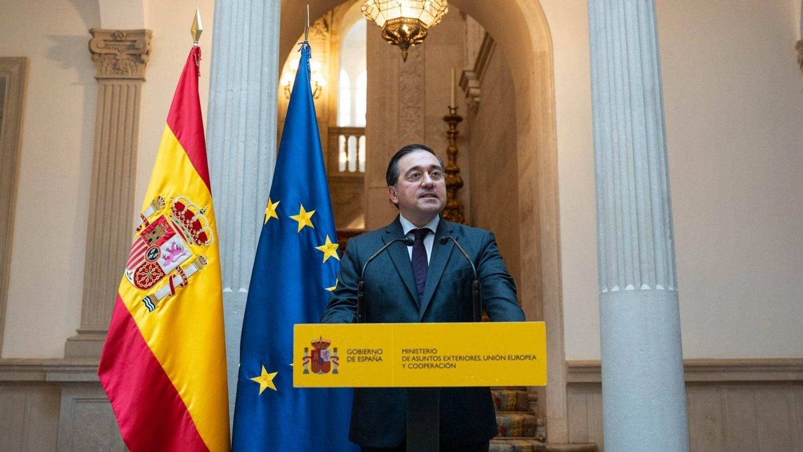 El ministro de Asuntos Exteriores, Unión Europea y Cooperación, José Manuel Albares, durante una rueda de prensa. // EP