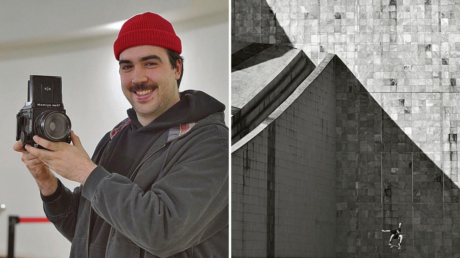 Aaron Sío muestra una de las cámaras que utiliza con la que realiza fotos como la de la imagen de la derecha, semifinalista Red Bull Illume 2023.