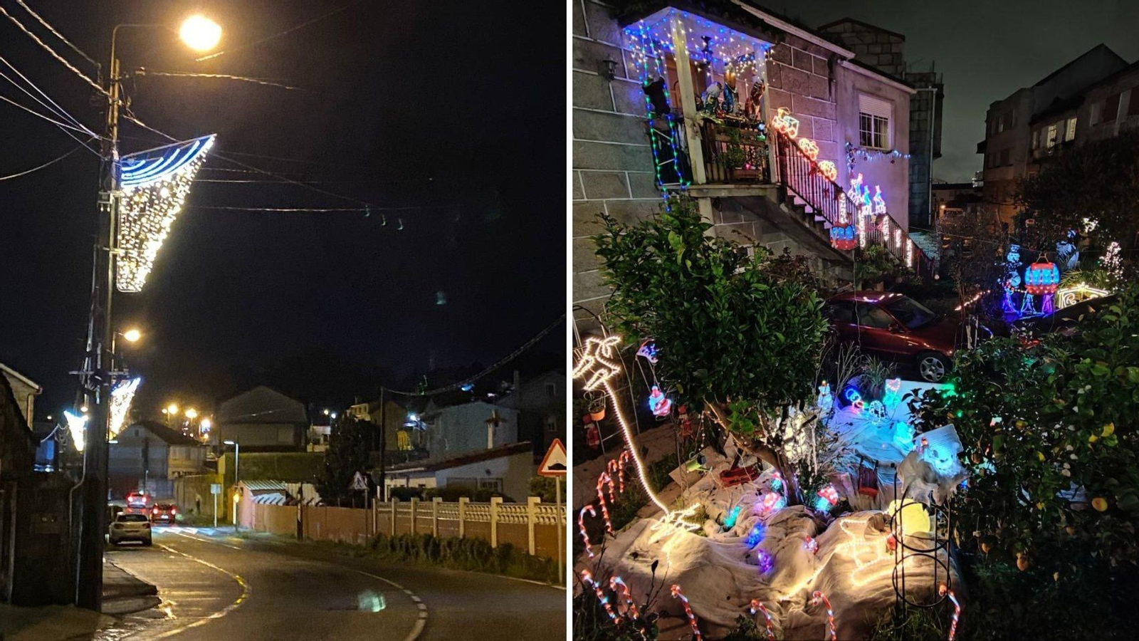 Las calles de Beade y una vivienda en Teis que no se desprenden de la Navidad. // Sergio Fernández/ Vicente Alonso