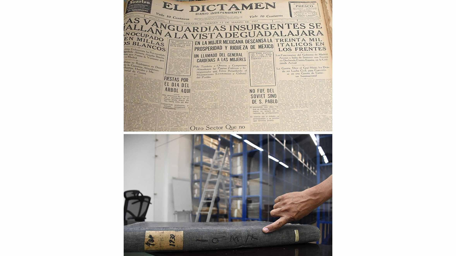 Fotografías en las que se observa una portada del diario El Dictamen (Arriba), y del archivo de la hemeroteca (abajo), donde se resguarda la noticia de la llegada de 456 niños exiliados españoles en 1937, en el estado de Veracruz (México). EFE/Miguel Victoria