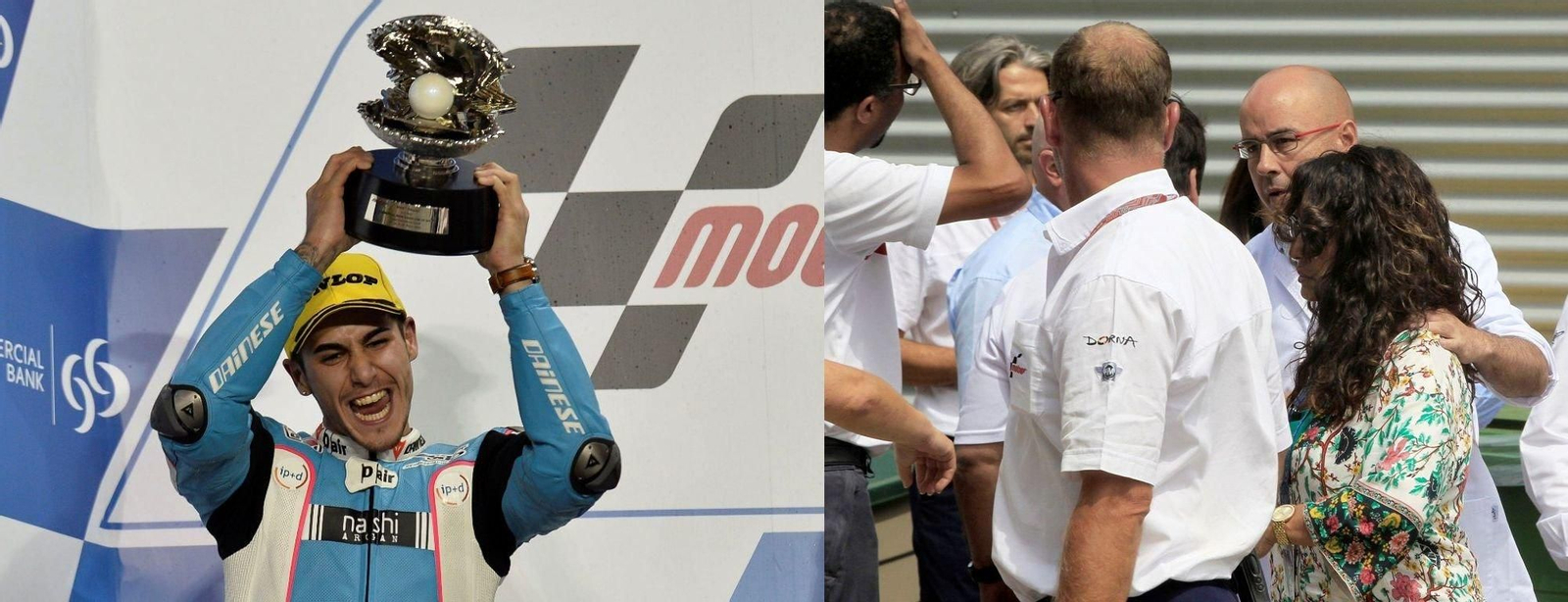 Luis Salom en un podio y a la derecha, su madre.