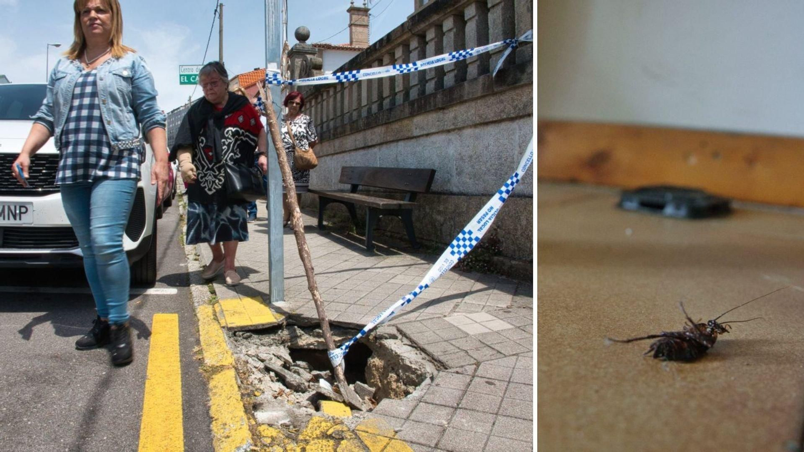 A la izquierda, un socavón en medio de la acera en Freixeiro, enfrente de la piscina municipal. A la derecha, una cucaracha muerta en un hogar de la zona.