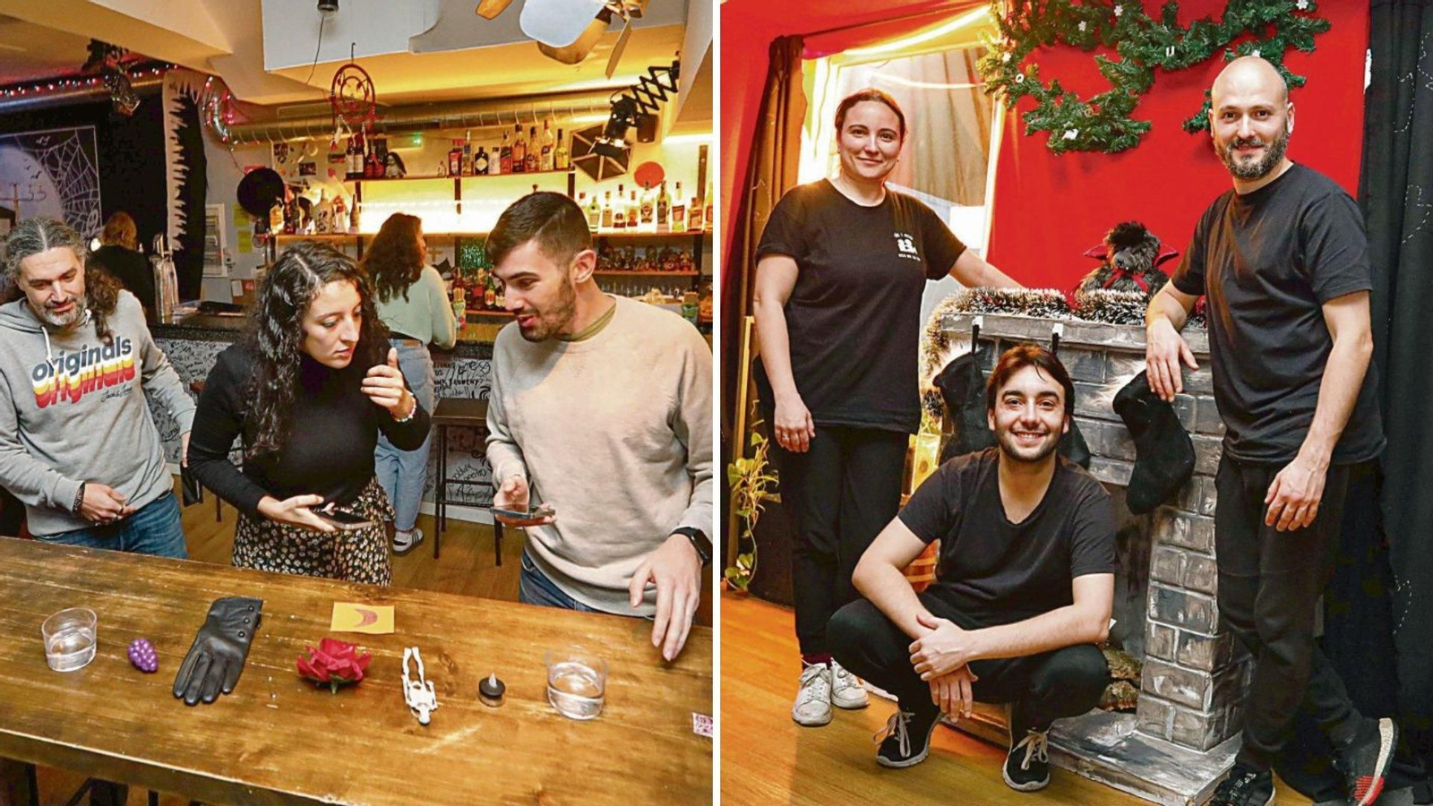 A la izquierda, jugadores intentando descifrar los enigmas del juego. A la derecha, Paula y Carlos (de pie), hermanos y dueños del establecimiento.