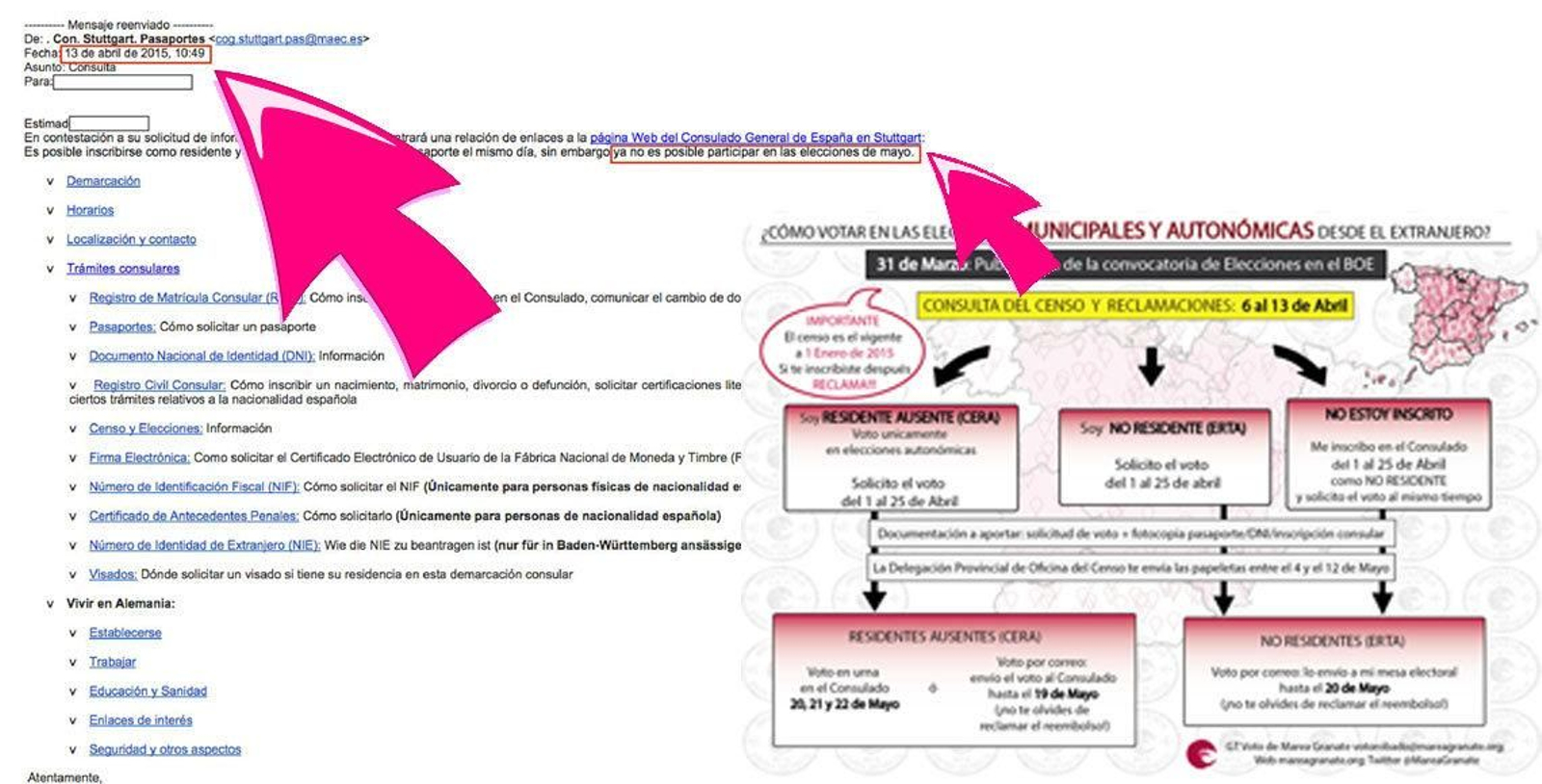Imagen adjuntada por Marea Granate en la que se muestra como un consulado aseguraba que el plazo de inscripción se había cerrado, cuando aún quedaba un día.