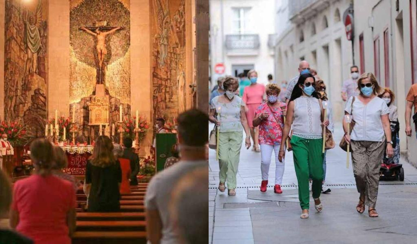 A la izquierda, la misa solemne del Cristo de la Victoria y, a la derecha, fieles con mascarilla y velas haciendo el recorrido de la procesión, que no se celebró