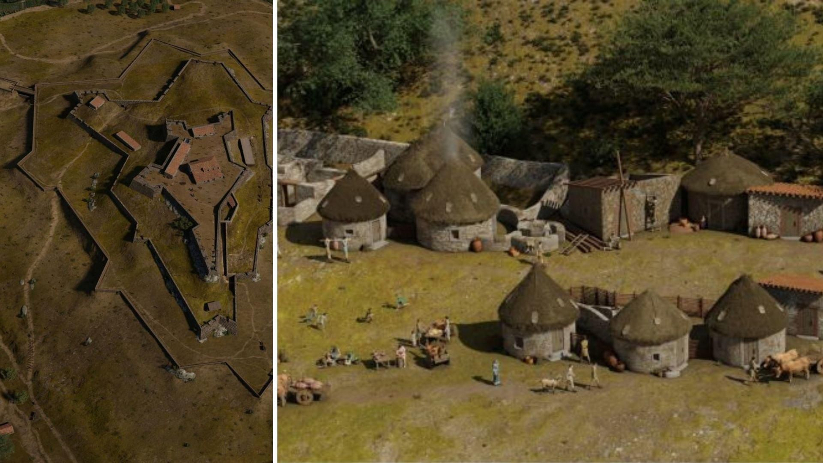Así sería el poblado del Castro de Vigo hace 2.000 años. Y así era el castillo de Santa María del Castro, con sus tres recintos. // Manuel García Ávila