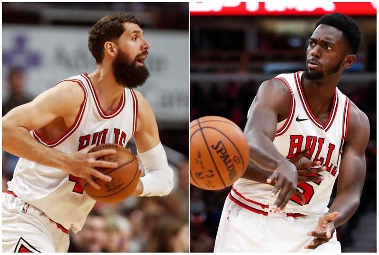 El jugador español de origen montenegrino Nikola Mirotic (Izq.) que tuvo que ser hospitalizado al sufrir una fractura de mandíbula tras pelarse con su compañero el ala-pívot Bobby PortiS (dch)