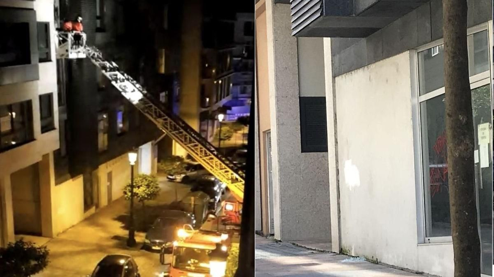 Los bomberos, accediendo al piso. A la derecha, los restos de cristales en la acera