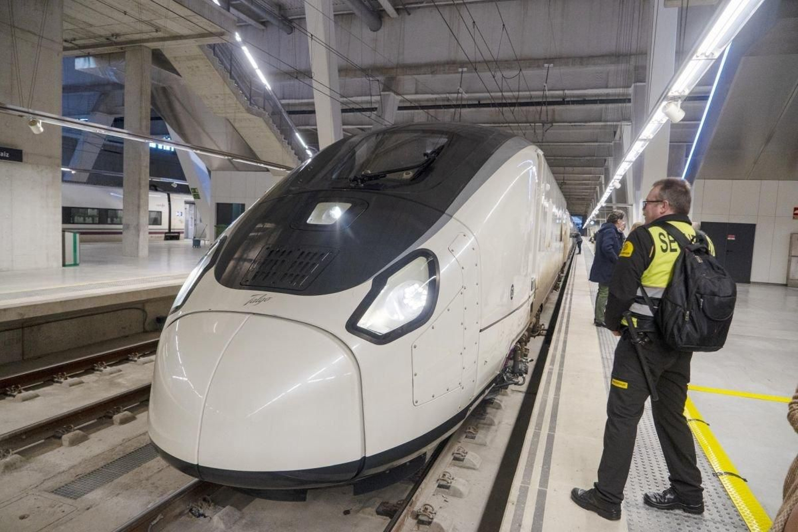 Un Talgo S106 en pruebas, estacionado en la estación de Urzaiz.