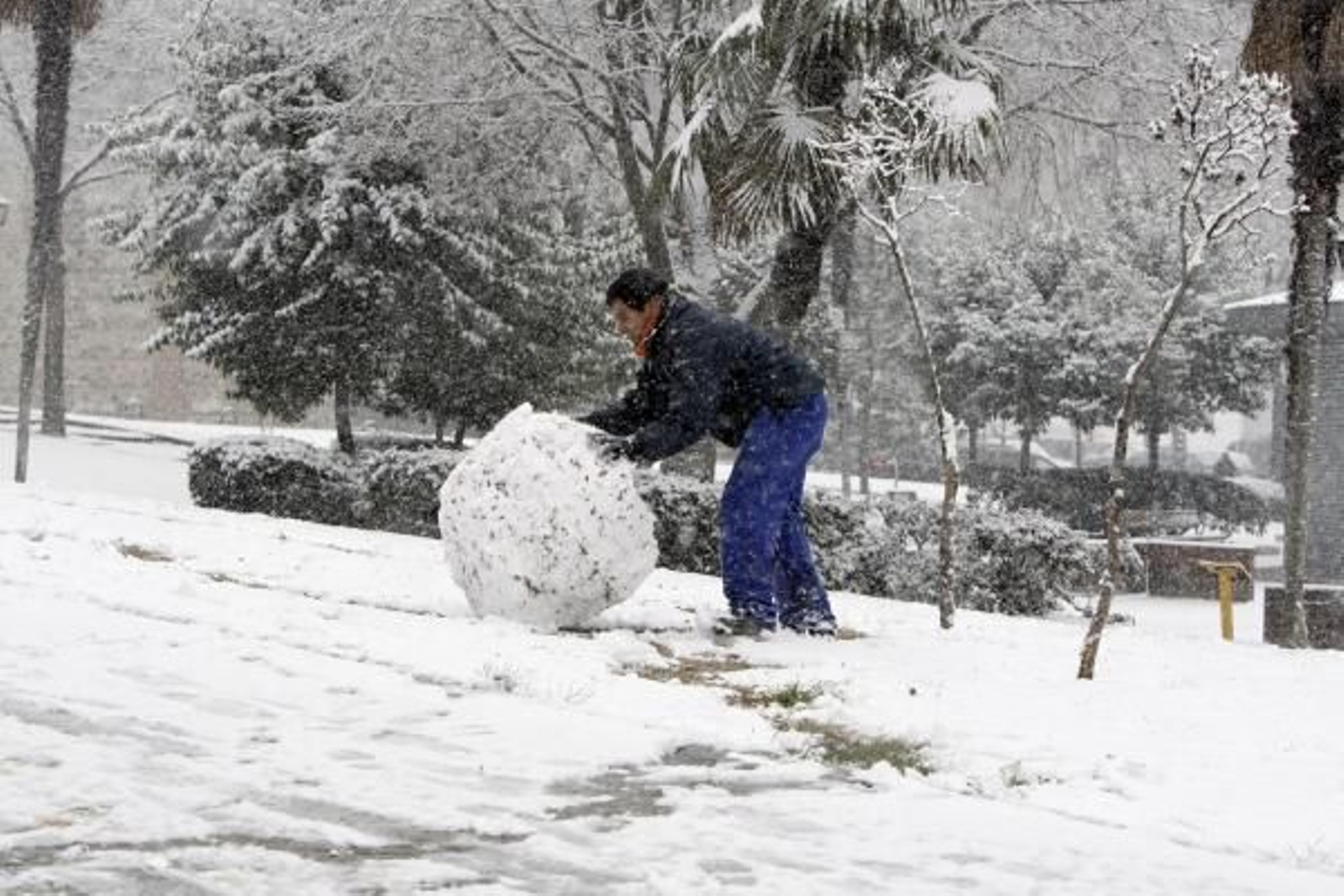 Un hombre arrastra una gran bola de nieve en la Casa de Campo. (Foto: J.L. Pino)