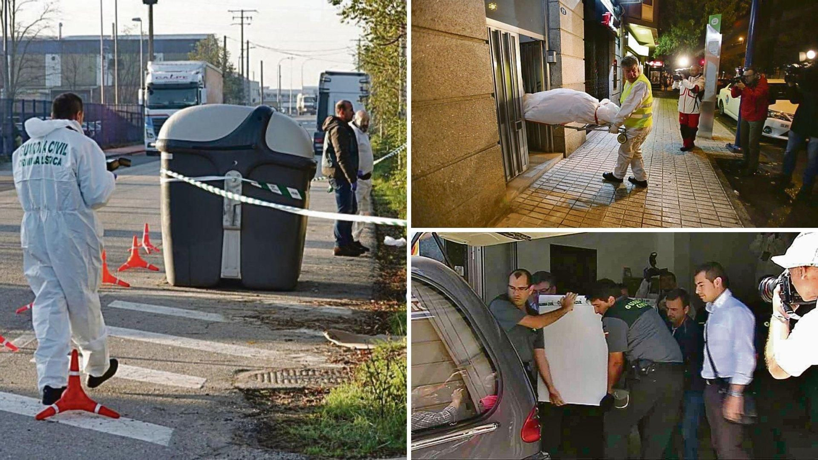 El cuerpo de Judith fue encontrado en noviembre en As Gándaras; Arriba, momento en el que retiran el cadáver de Silvina, que llevaba tiempo en el armario de su habitación. Abajo, el congelador donde se escondían los restos de José, tras ser golpeado, asfixiado y descuartizado. Otro caso fue el de Manuel, otogenario de Sárdoma encontrado varios días después de su muerte junto al río Lagares.