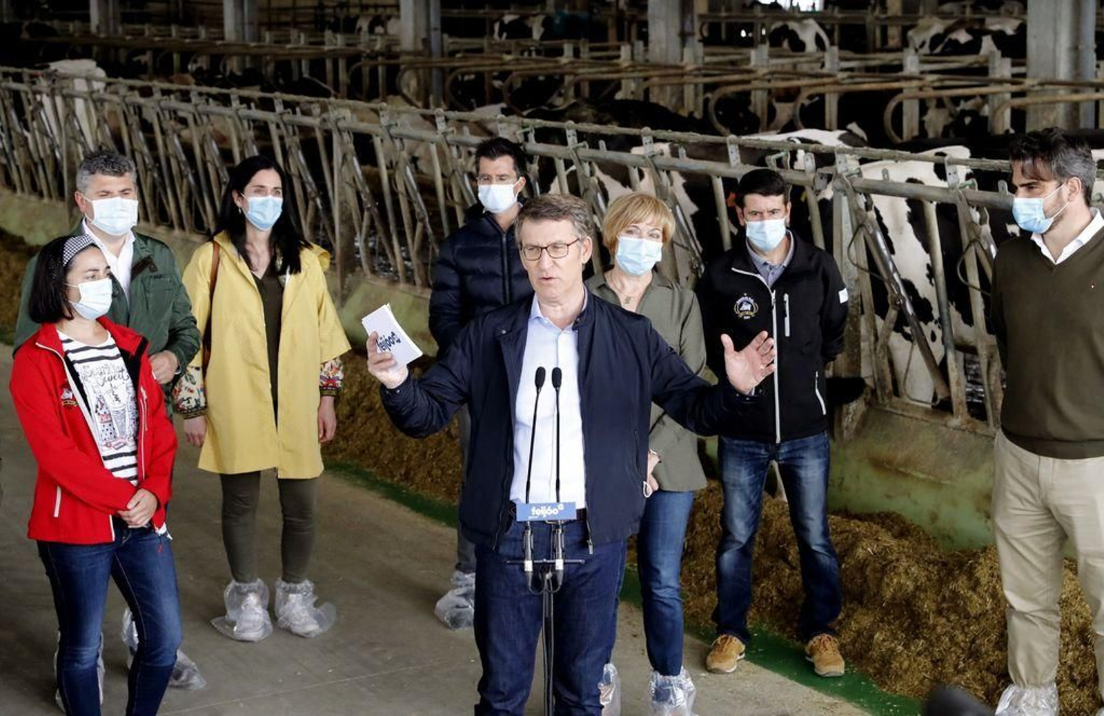 Núñez Feijóo, durante su intervención en el acto del PP en una ganadería de Trazo (A Coruña)