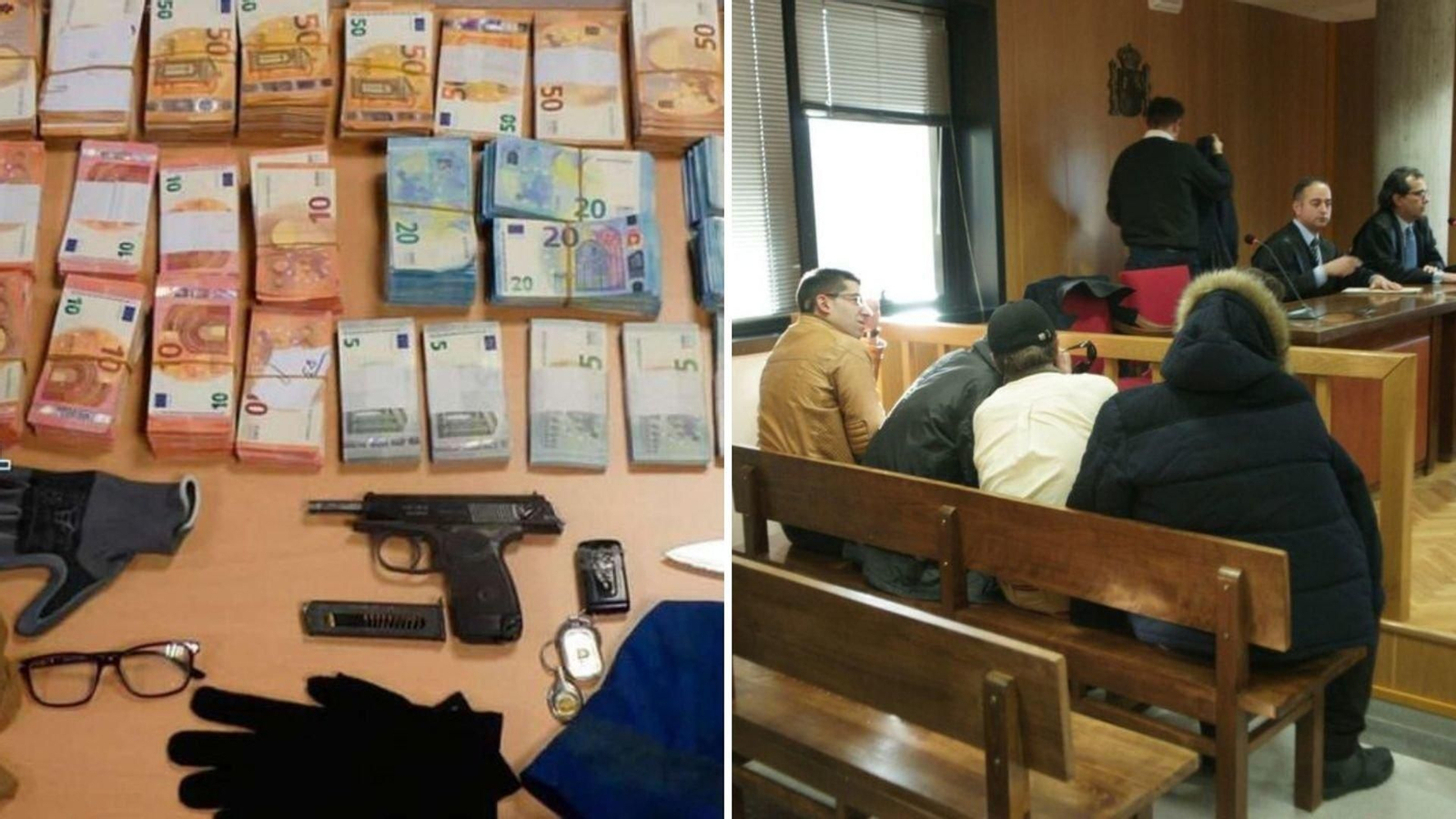 Dinero, armas y efectos intervenidos a los dos atracadores. A la derecha, en el juicio de 2016 junto al resto de la banda de entonces.