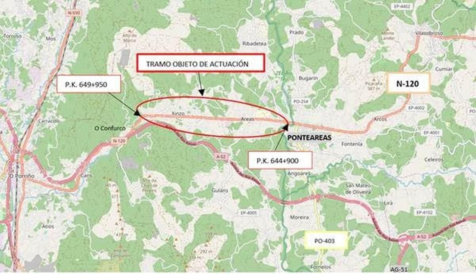 Tramo de la N-120 con el trazado modificado del proyecto de seguridad vial, en fase de exposición pública.