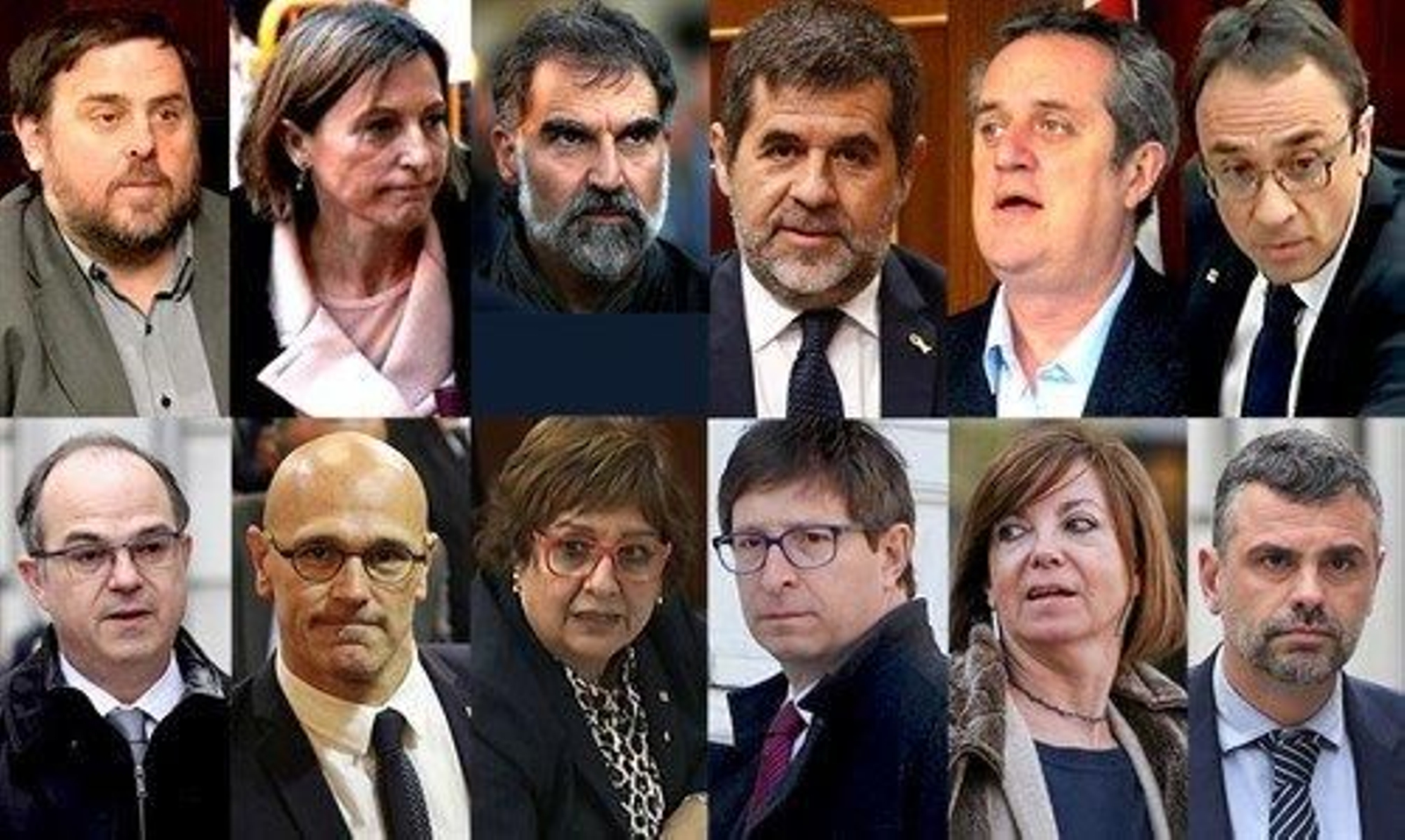 El exvicepresidente de la Generalitat, Oriol Junqueras; la expresidenta del Parlament, Carme Forcadell; el presidente de Òmnium Cultural, Jordi Cuixart; el expresidente de ANC, Jordi Sànchez; el exconsejero de Interior, Joaquim Forn; el exconsejero de Territorio y Sostenibilidad, Josep Rull; el exconsejero de Presidencia, Jordi Turull; el exconsejero de Asuntos Exteriores, Raül Romeva; la exconsejero de Trabajo, Dolor Bassa; el exconsejero de Justicia, Carles Mundó; la exconsejera de Gobernación, Meritxell Borrás; y el exconsejero de Empresa y Conocimiento, Santiago