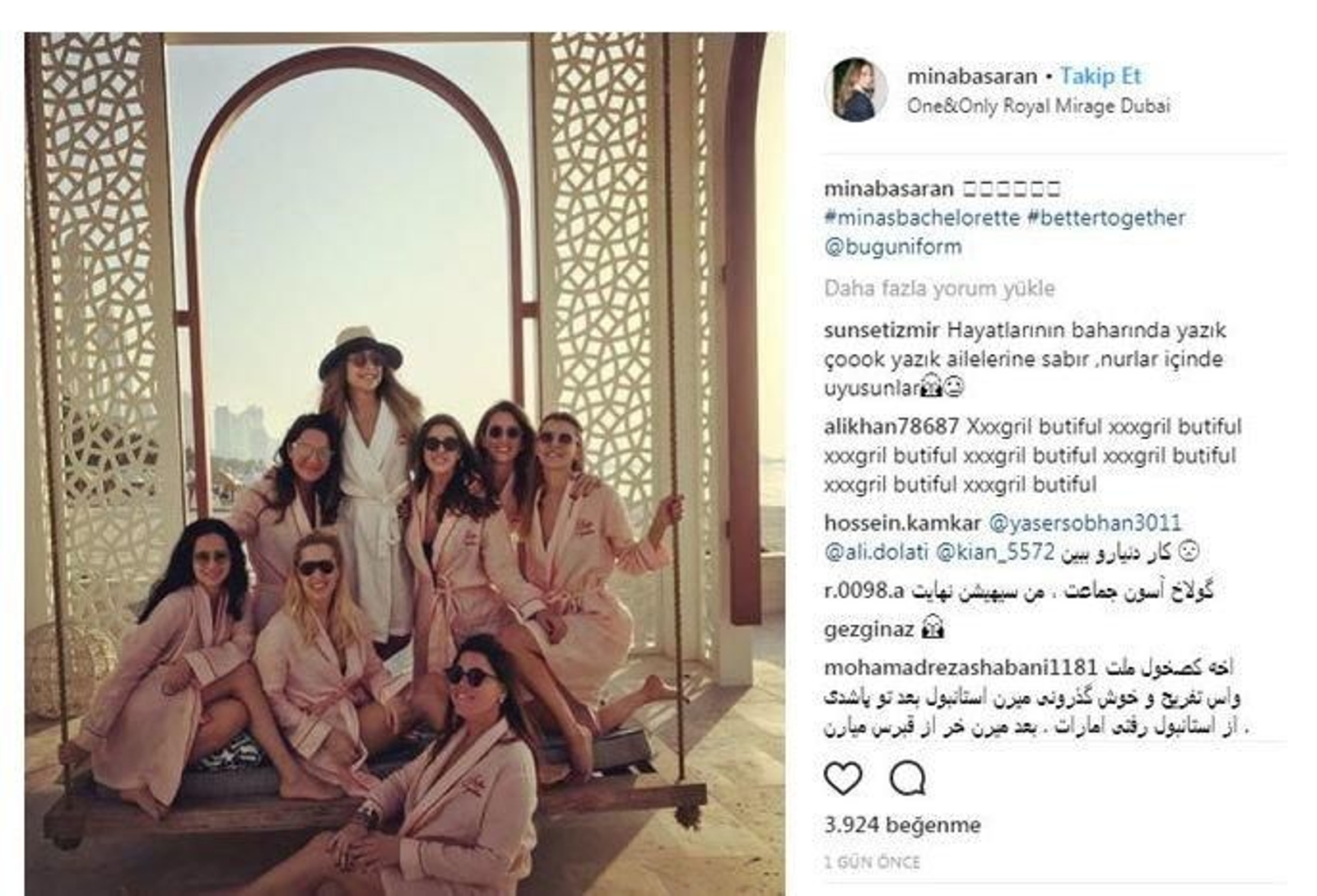 Fotografía compartida por Mina Basaran de su despedida de soltera en Dubai