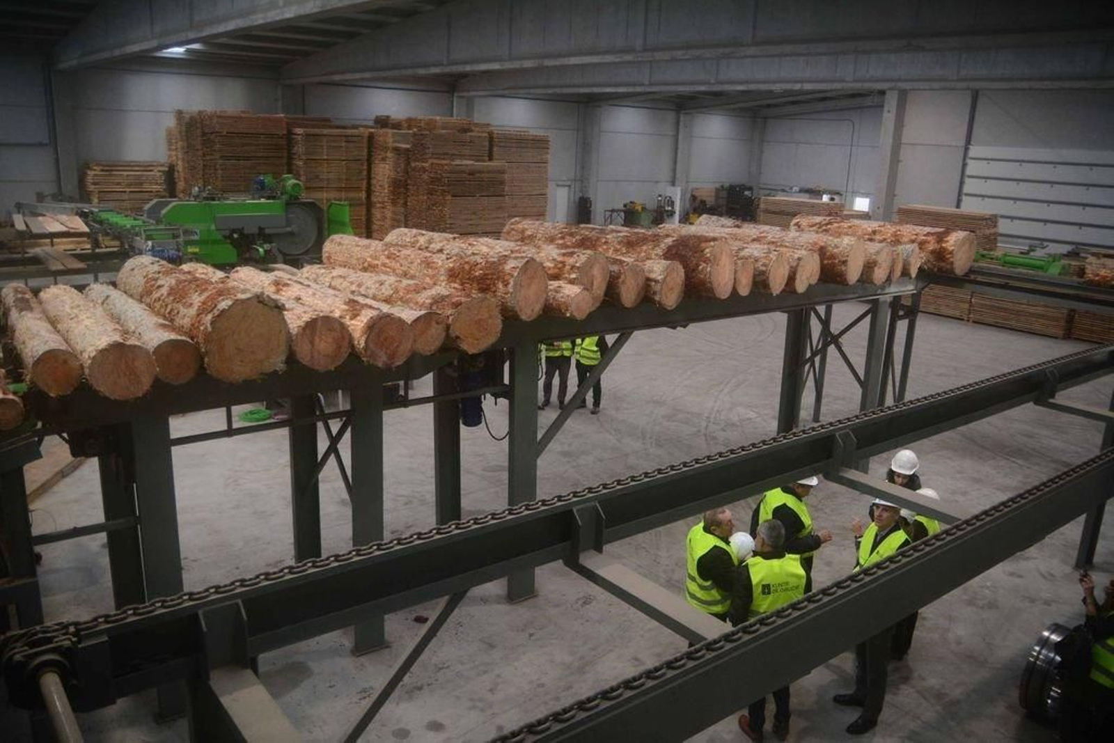 El conselleiro  Francisco Conde, durante su visita a Maderas Vial, en As Neves, de nuevo en activo.