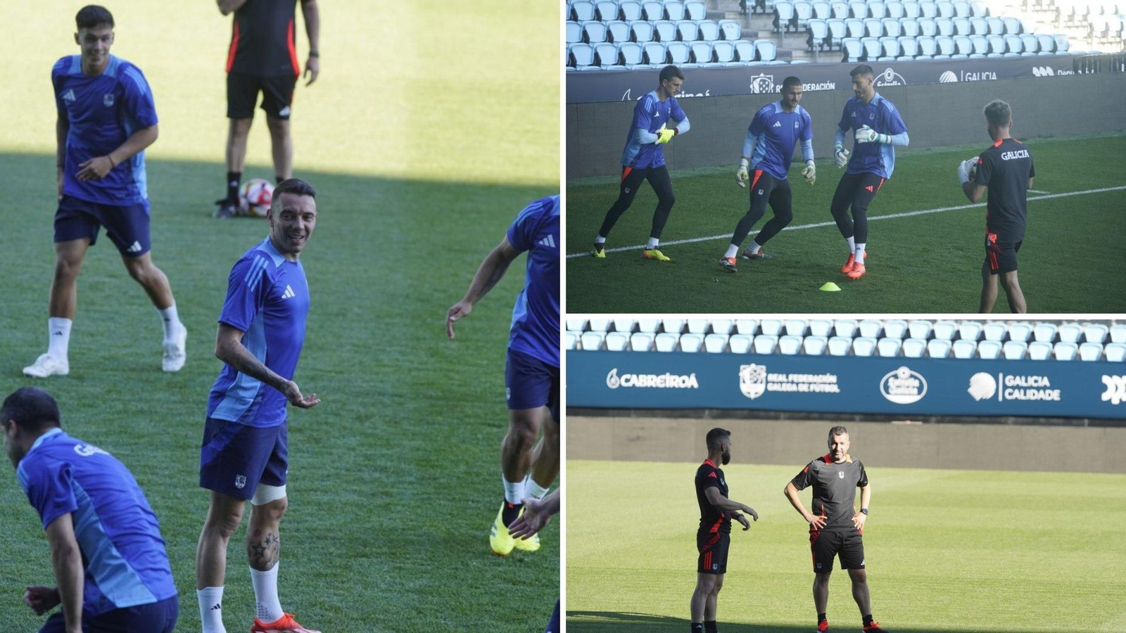 Sotelo, Álex López, Aspas, Jonny, Manu Justo y Álvaro Lemos bromean durante el entrenamiento de ayer.