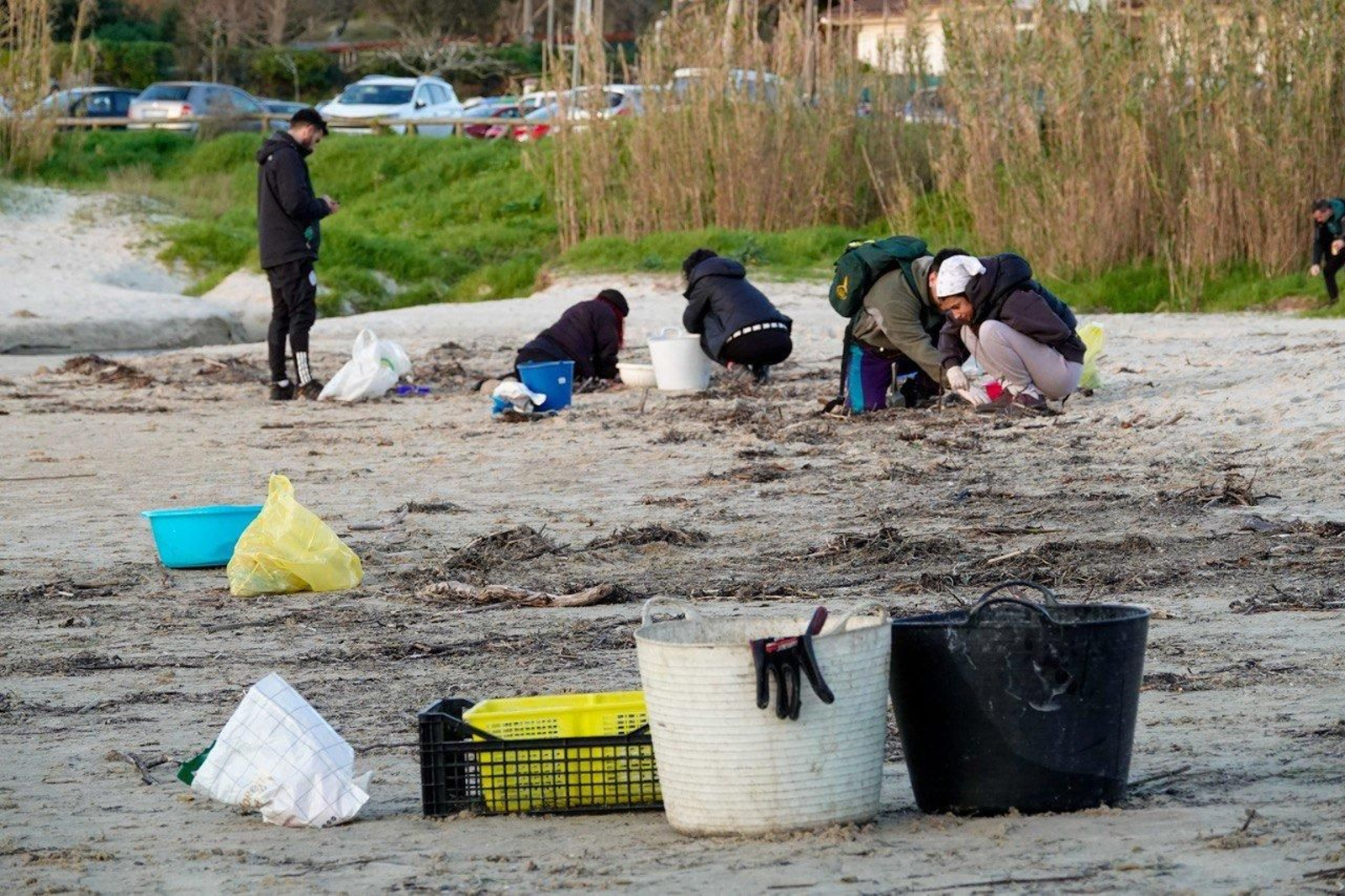 Voluntarios recogen pellets de plástico.