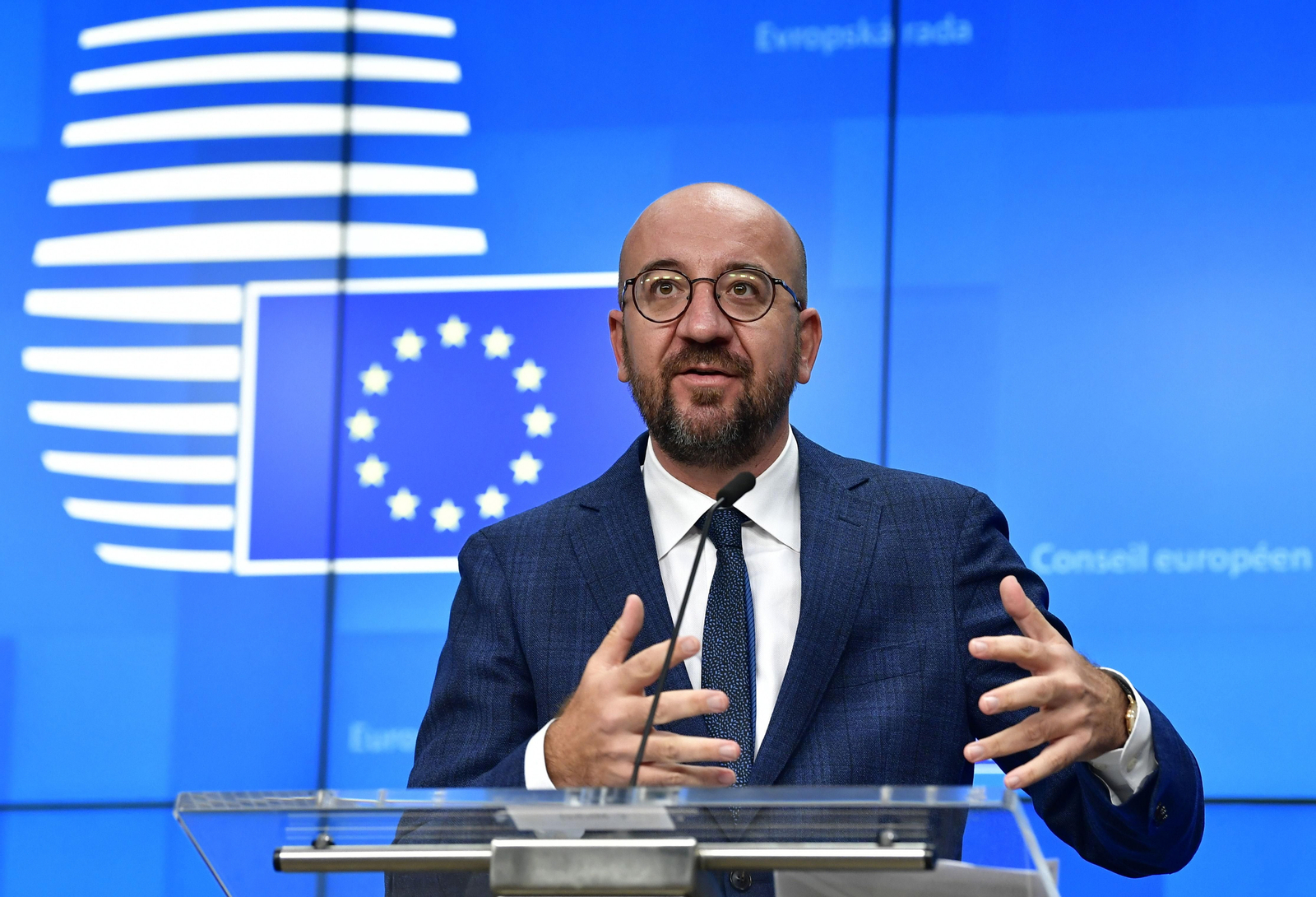 El presidente del Consejo europeo, Charles Michel, durante su comparecencia.