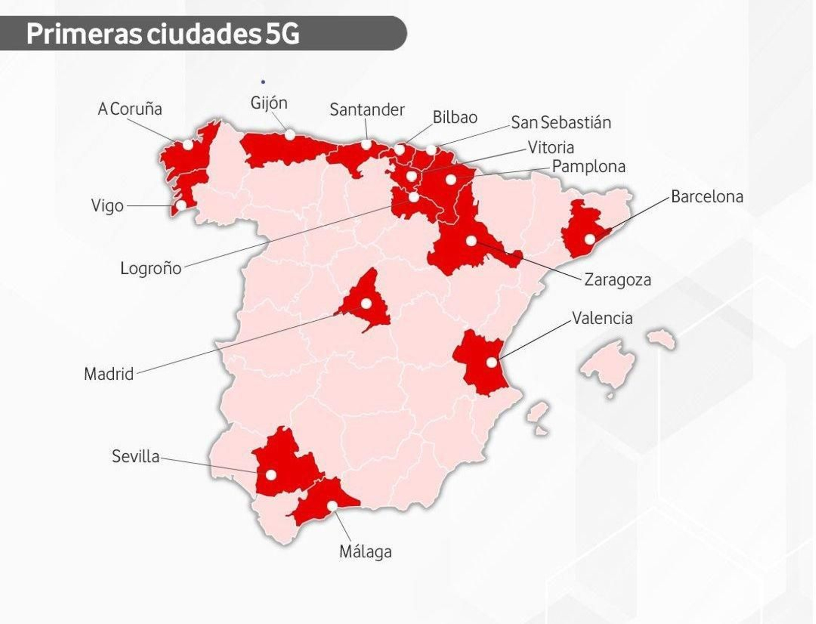 Mapa de las primeras ciudades que tendrán 5G.